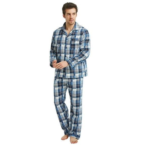 GLOBAL Men's Pajamas Sets 100% Cotton Flannel Sleepwear Long-Sleeve Top & Bottom Loungewear White&Blue Plaid S