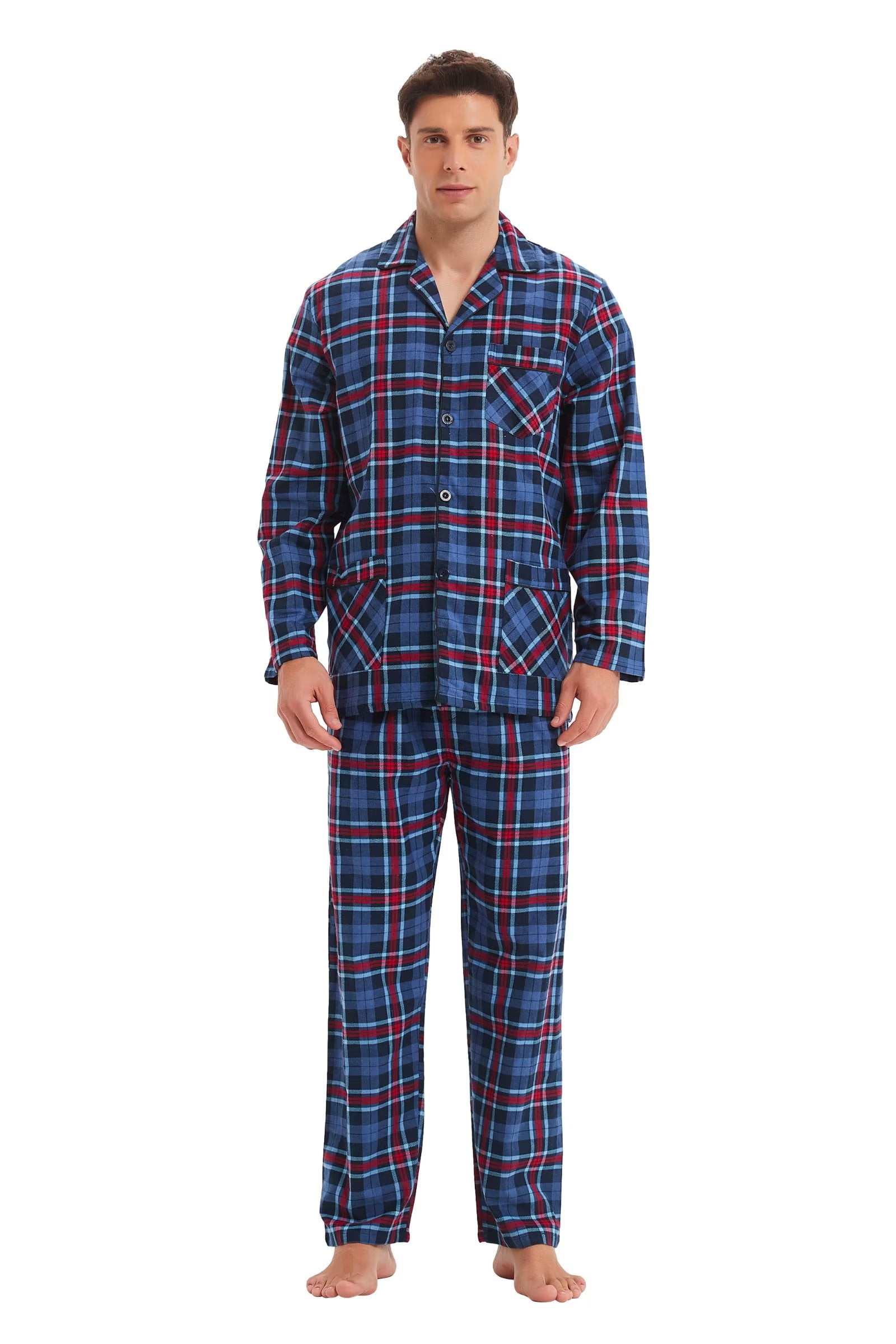 GLOBAL Men's Pajamas Sets 100 Cotton Flannel Sleepwear LongSleeve Top
