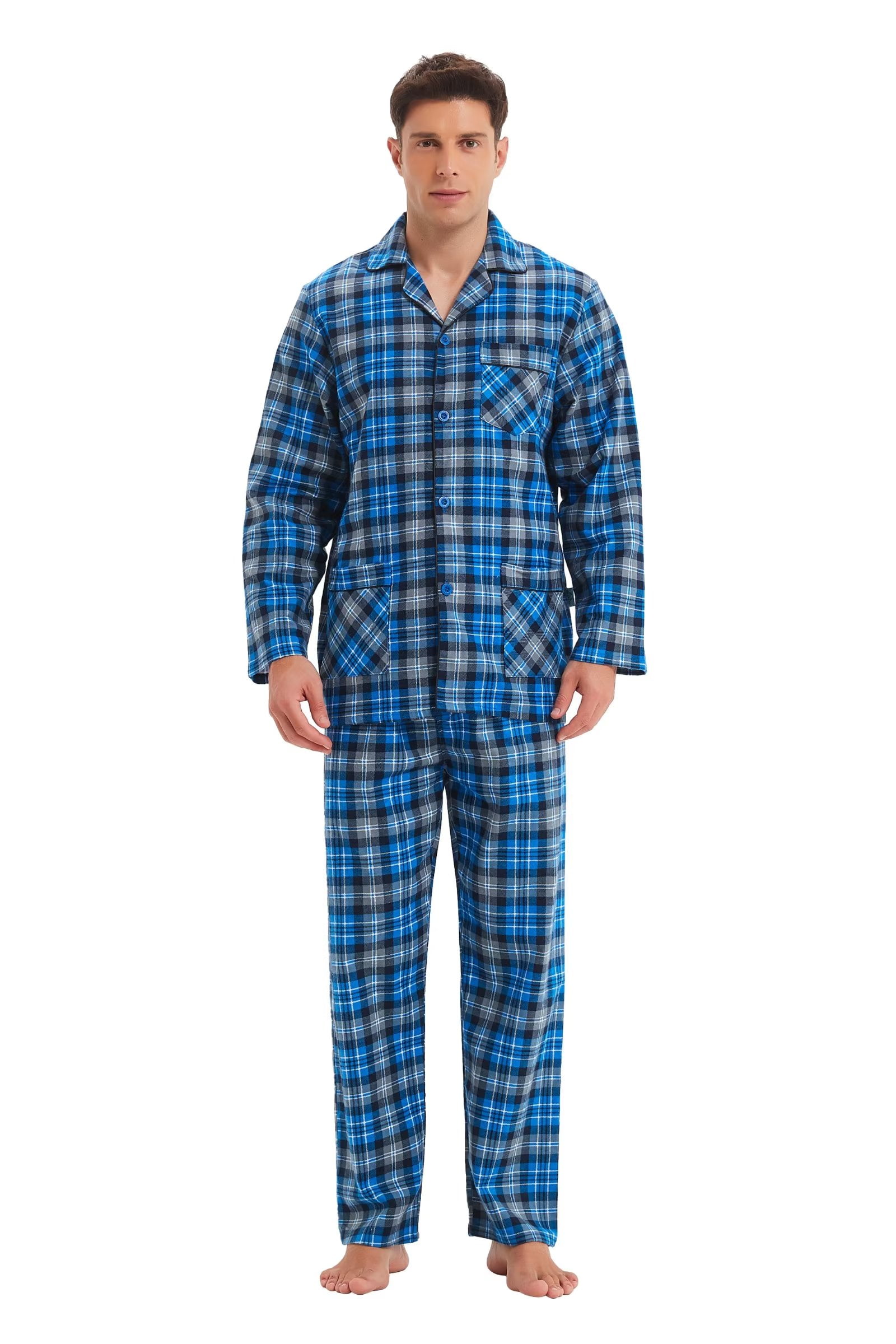 GLOBAL Men's Pajamas Sets 100% Cotton Flannel Sleepwear Long