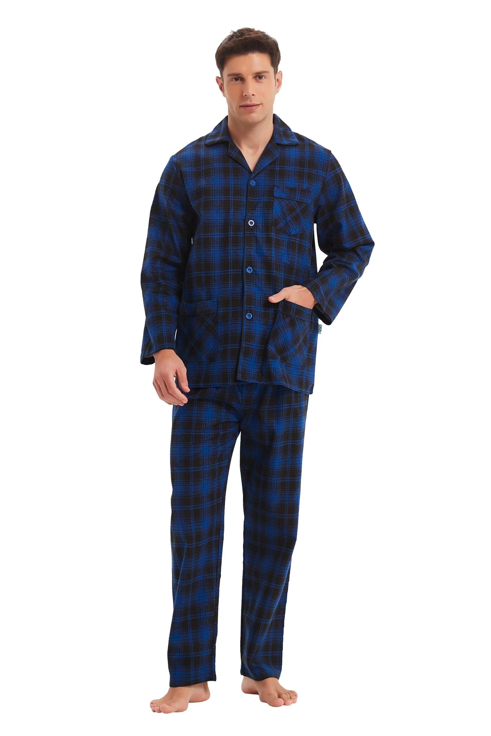 GLOBAL Men's Pajamas Sets 100 Cotton Flannel Sleepwear LongSleeve Top