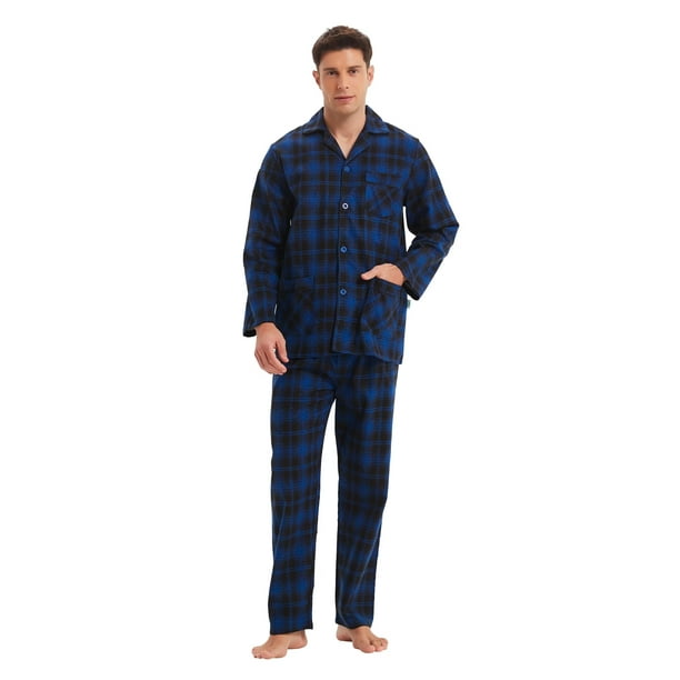GLOBAL Men's Pajamas Sets 100 Cotton Flannel Sleepwear LongSleeve Top