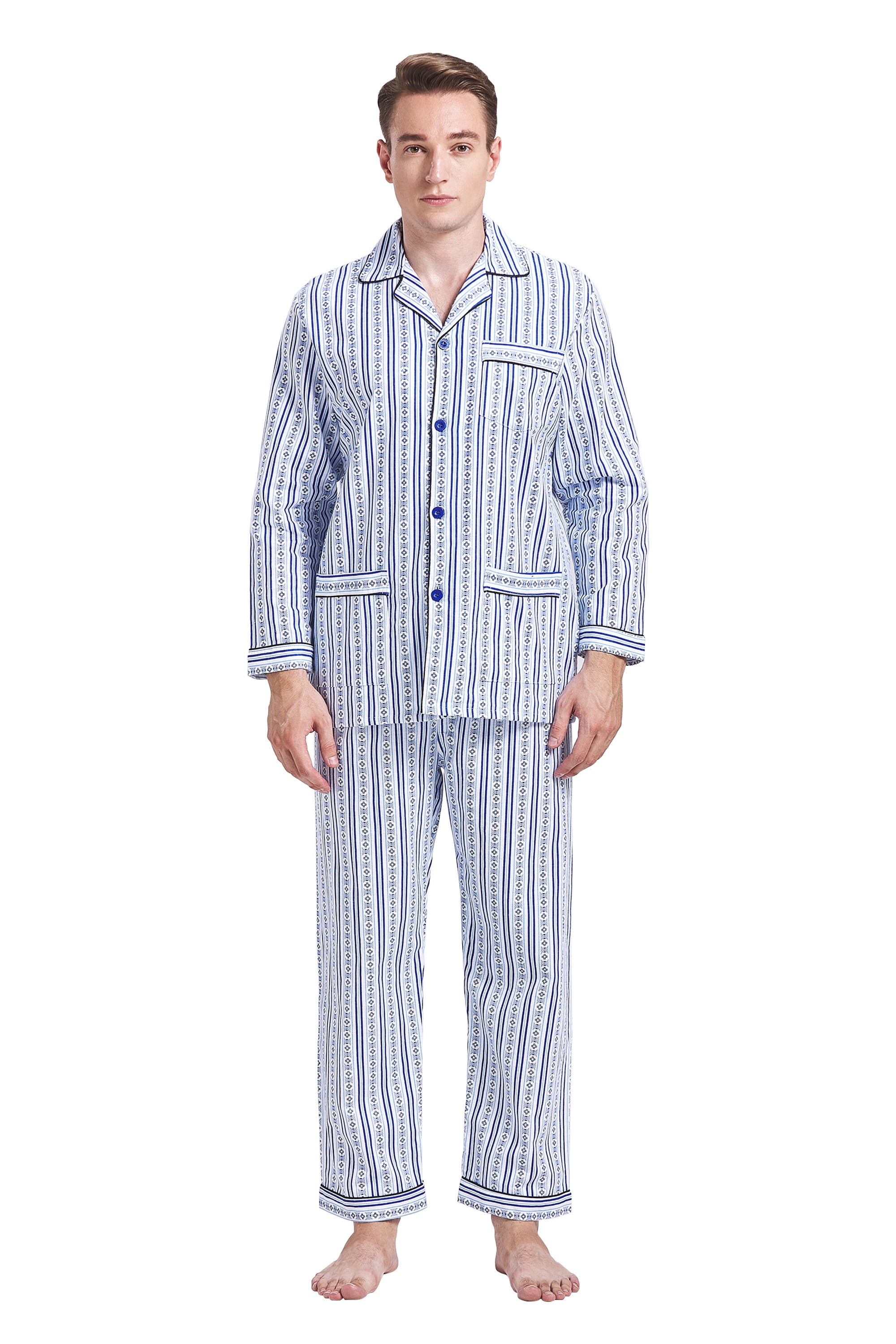 GLOBAL Men's Pajamas Sets 100% Cotton Flannel Sleepwear Long-Sleeve Top ...