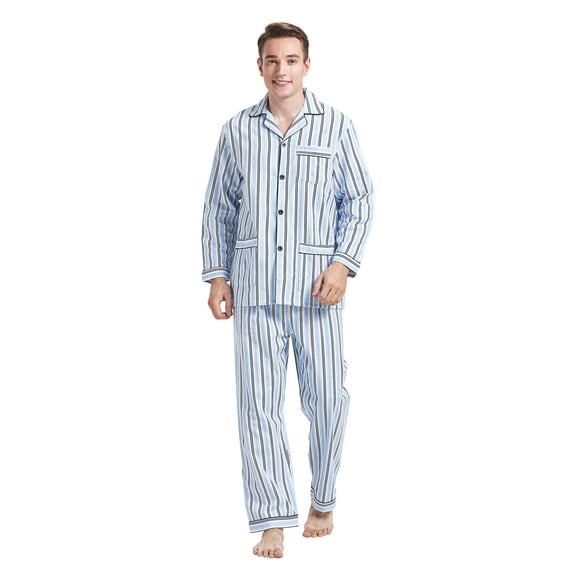 GLOBAL Men's Pajamas Sets 100% Cotton Flannel Sleepwear Long-Sleeve Top & Bottom