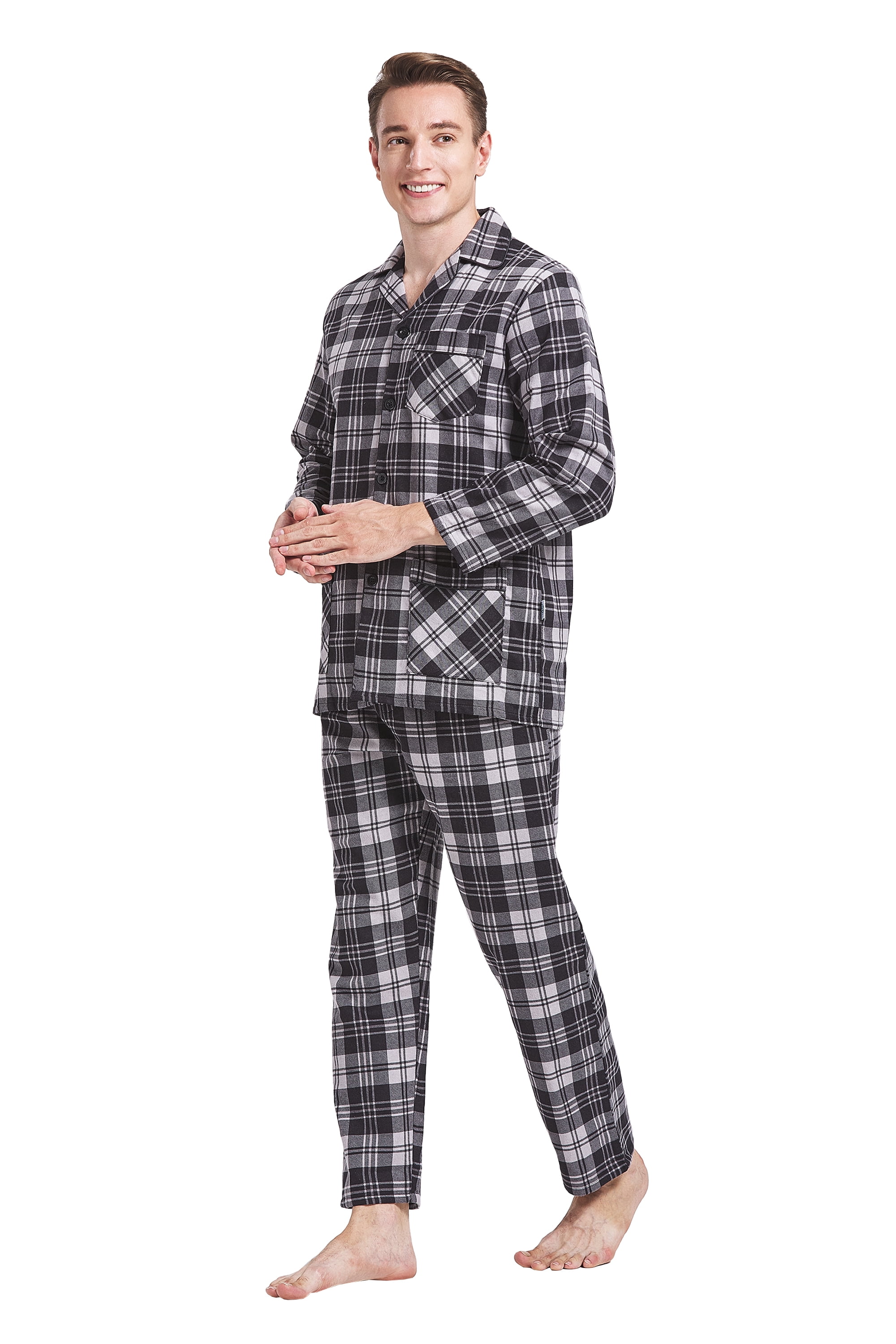 GLOBAL Men's Pajamas Sets 100 Cotton Flannel Sleepwear LongSleeve Top