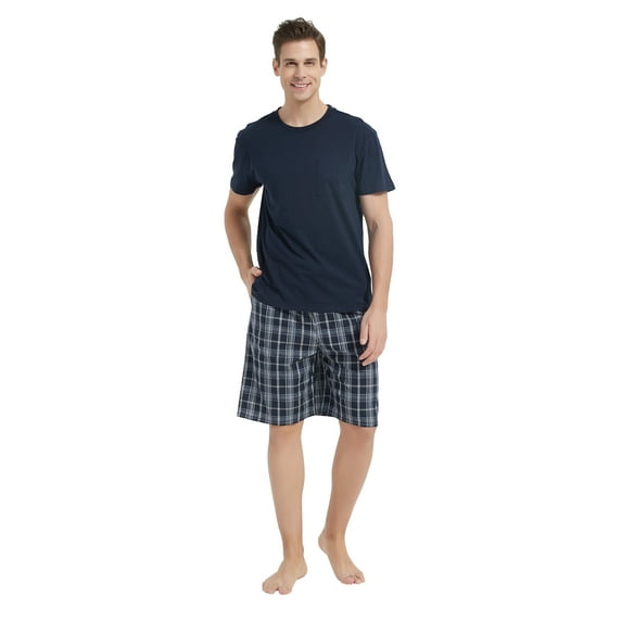GLOBAL Men's Short Sleeve Crew Knitted Top & Lightweight Yarn Shorts Pajama Sets, Sizes S-XXL