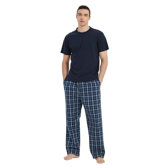 GLOBAL Men's Short Sleeve Pajama Sets Knit Soft Top & Woven Pajama Pants Sleepwear Elastic Waistband PJs S-XXL