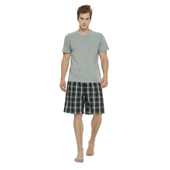 GLOBAL Men's Short Sleeve Crew Knitted Top & Lightweight Yarn Shorts Pajama Sets, Sizes S-XXL