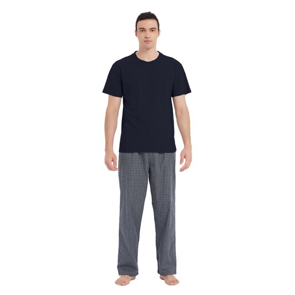 GLOBAL Men's Short Sleeve Pajama Sets Knit Soft Top & Woven Pajama Pants Sleepwear Elastic Waistband PJs S-XXL