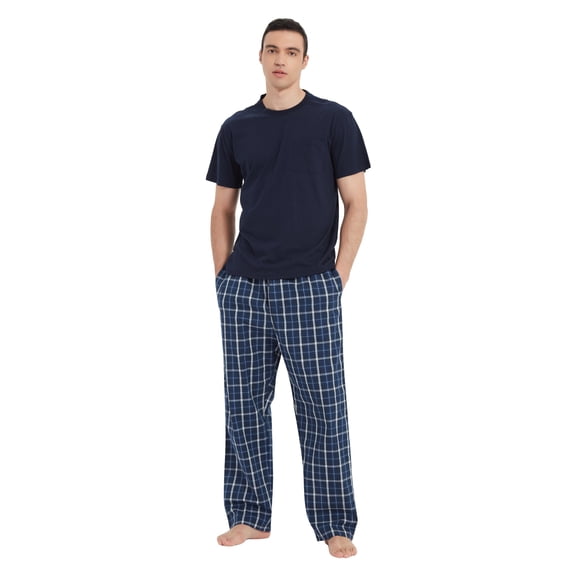 GLOBAL Men's Short Sleeve Pajama Sets Knit Soft Top & Woven Pajama Pants Sleepwear Elastic Waistband PJs S-XXL