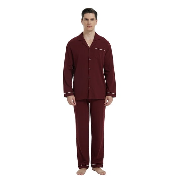 GLOBAL Mens 100% Cotton Notch Collar Pajama Set