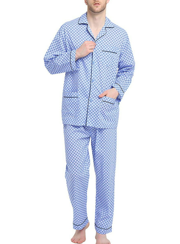 GLOBAL Mens 100% Cotton Pajamas Set Woven Drawstring Sleepwear Set with Top and Pants/Bottoms, 2-Piece Set, Size L