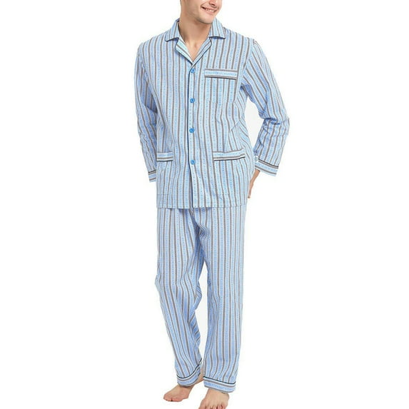 GLOBAL Mens 100% Cotton Pajamas Set Woven Drawstring Sleepwear Set with Top and Pants/Bottoms, 2-Piece Set, Size L