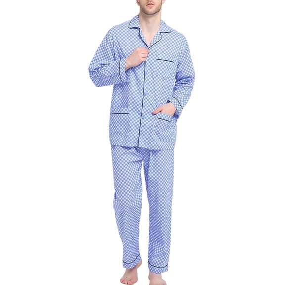 GLOBAL Mens 100% Cotton Long Sleeve Pajama Set, Breathable Lightweight Button Down Nightwear with Pants, S-3XL