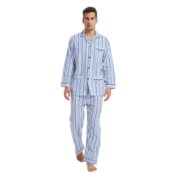 GLOBAL Mens 100% Cotton Long Sleeve Pajama Set, Breathable Lightweight Button Down Nightwear with Pants, S-3XL