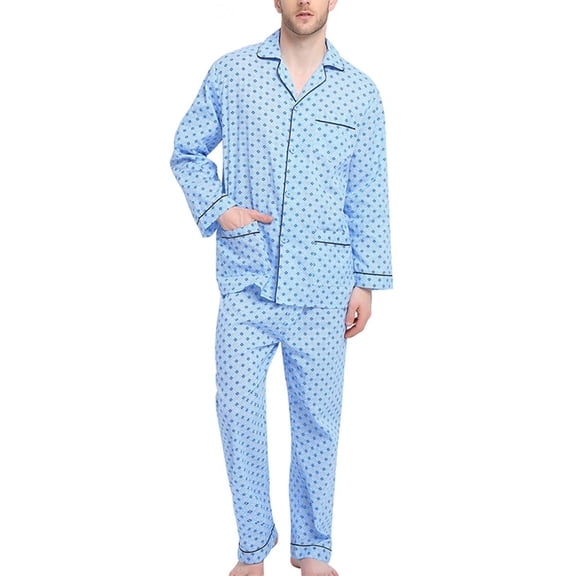 GLOBAL Mens 100% Cotton Long Sleeve Pajama Set, Breathable Lightweight Button Down Nightwear with Pants, S-3XL