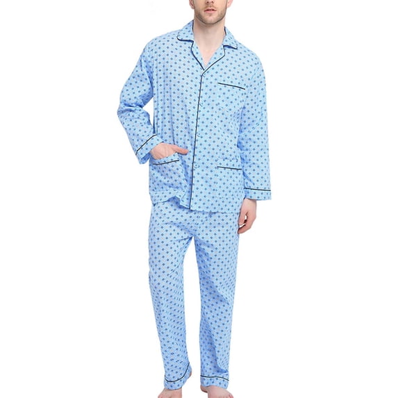 GLOBAL Mens 100% Cotton Pajamas Set Woven Drawstring Sleepwear Set with Top and Pants/Bottoms, 2-Piece Set, Size S