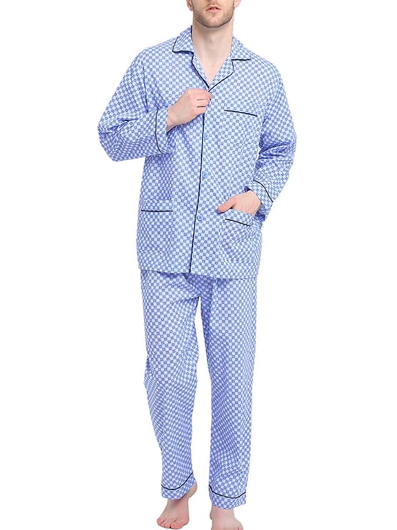 Mens 100% Cotton Long Sleeve Pajama Set, Breathable Lightweight Button Down Nightwear with Pants, S-3XL