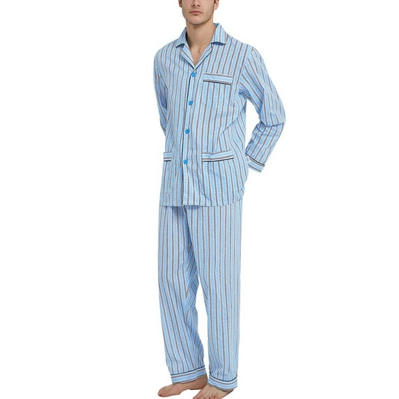 GLOBAL Mens Cotton Pajama Sets Long Sleeve Button Down Sleepwear Comfy Loungewear Soft Pjs Set Black Blue Stripes XXL