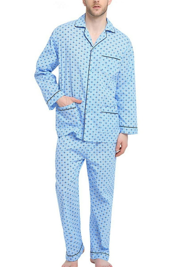 Mens Cotton Pajama Sets Long Sleeve Button Down Sleepwear Comfy Loungewear Soft Pjs Set Blue Checkered XL