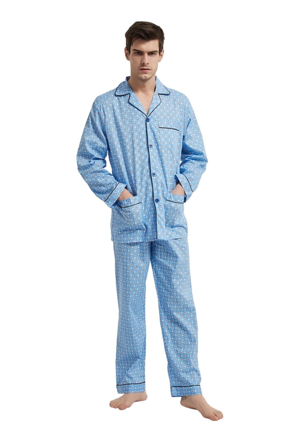 Mens Cotton Pajama Sets Long Sleeve Button Down Sleepwear Comfy Loungewear Soft Pjs Set Blue Geo Print L