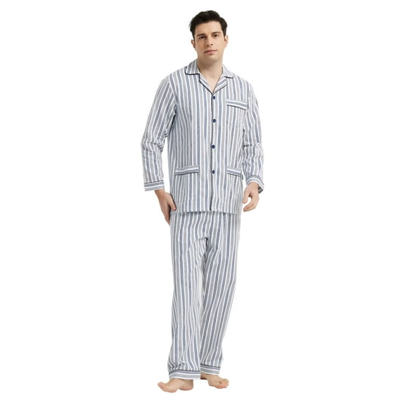 GLOBAL Mens Cotton Pajama Sets Long Sleeve Button Down Sleepwear Comfy Loungewear Soft Pjs Set Blue Gray Stripes L