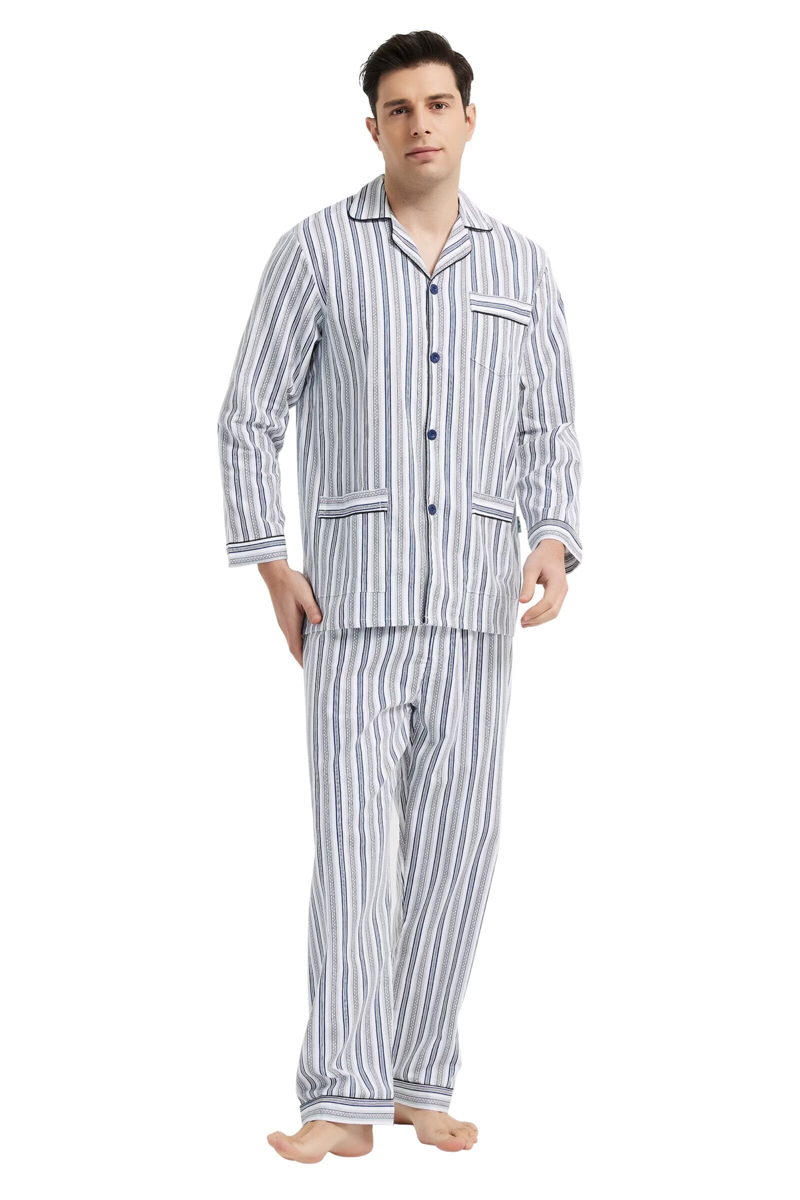 GLOBAL Mens Cotton Pajama Sets Long Sleeve Button Down Sleepwear Comfy ...