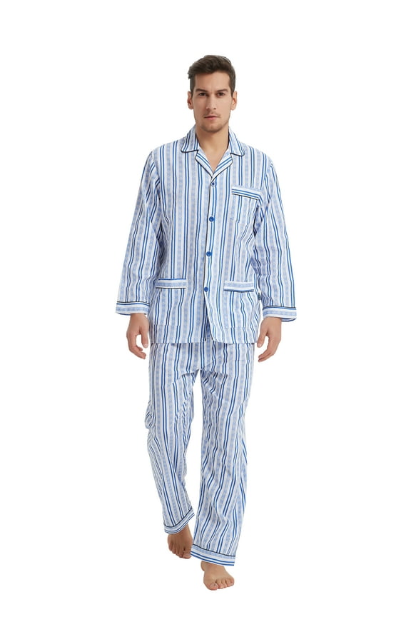 Mens Cotton Pajama Sets Long Sleeve Button Down Sleepwear Comfy Loungewear Soft Pjs Set Blue Stripes L
