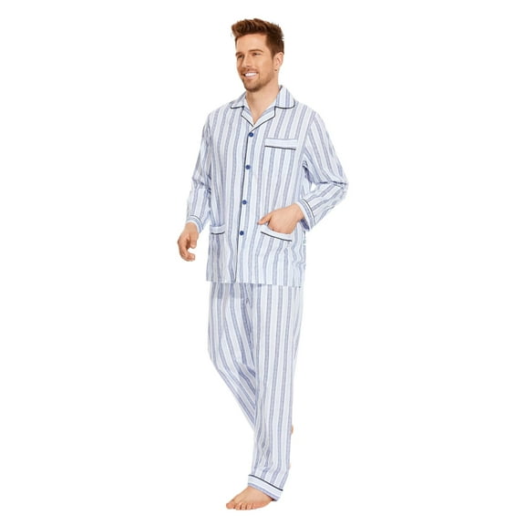 GLOBAL Mens Cotton Pajama Sets Long Sleeve Button Down Sleepwear Comfy Loungewear Soft Pjs Set Blue Yellow Stripes L