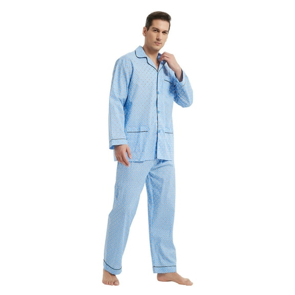 GLOBAL Mens Cotton Pajama Sets Long Sleeve Button Down Sleepwear Comfy Loungewear Soft Pjs Set Elegant Blue L