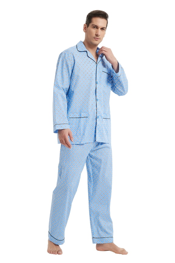 Mens Cotton Pajama Sets Long Sleeve Button Down Sleepwear Comfy Loungewear Soft Pjs Set Elegant Blue XXL
