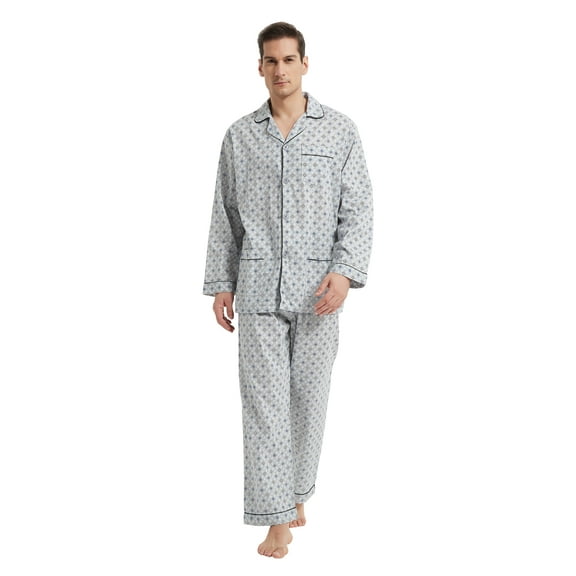 GLOBAL Mens Cotton Pajama Sets Long Sleeve Button Down Sleepwear Comfy Loungewear Soft Pjs Set Elegant Gray M