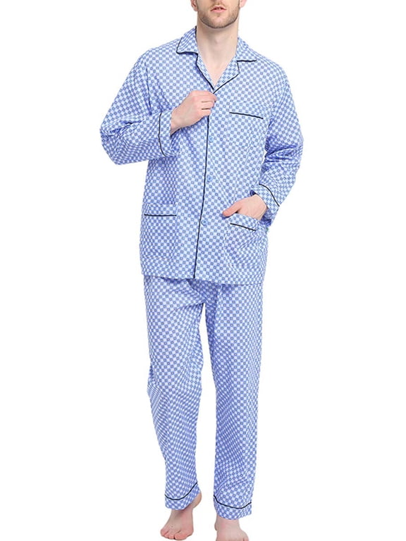 Mens Cotton Pajama Sets Long Sleeve Button Down Sleepwear Comfy Loungewear Soft Pjs Set Sky Blue M