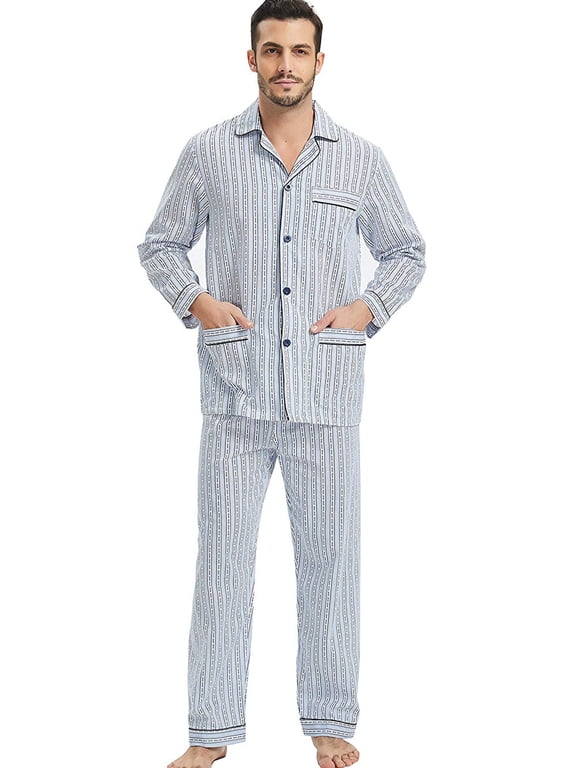 Mens Cotton Pajama Sets Long Sleeve Button Down Sleepwear Comfy Loungewear Soft Pjs Set White Stripes L
