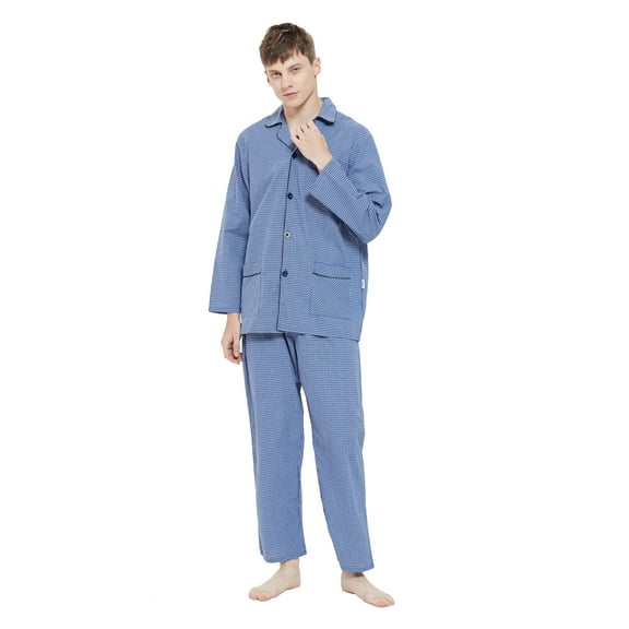 GLOBAL Mens Yarn Pajama Set 100% Cotton, Long Sleeve Button Down PJ Set for Men Plaid Men's Sleepwear, Sizes S-3XL