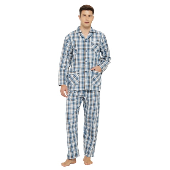 GLOBAL Mens Yarn Cotton Pajama Set, Long Sleeve Button Down PJ Set for Men Plaid Mens Sleepwear, Sizes S-XXL
