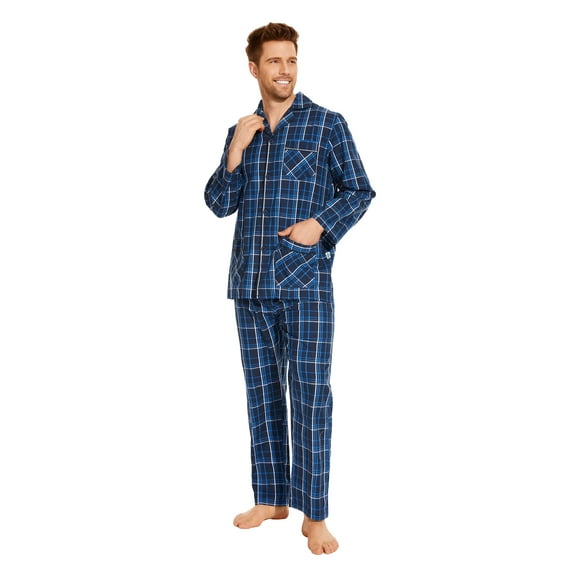 GLOBAL Mens Yarn Pajama Set 100% Cotton, Long Sleeve Button Down PJ Set for Men Plaid Men's Sleepwear, Sizes S-3XL