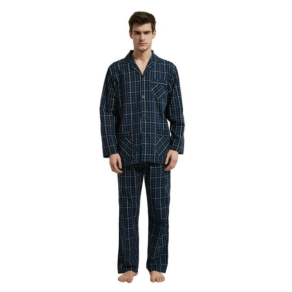 GLOBAL Mens Yarn Pajama Set 100% Cotton, Long Sleeve Button Down PJ Set for Men Plaid Men's Sleepwear, Sizes S-3XL