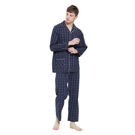 GLOBAL Mens Yarn Cotton Pajama Set, Long Sleeve Button Down PJ Set for Men Plaid Mens Sleepwear, Sizes S-XXL