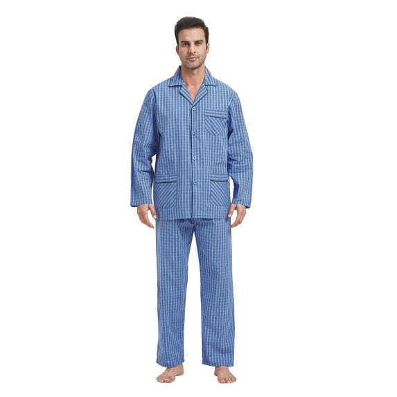 GLOBAL Mens Yarn Pajama Set 100% Cotton, Long Sleeve Button Down PJ Set for Men Plaid Men's Sleepwear, Sizes S-3XL