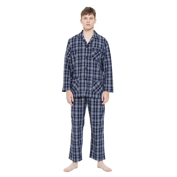GLOBAL Mens Yarn Cotton Pajama Set, Long Sleeve Button Down PJ Set for Men Plaid Mens Sleepwear, Sizes S-XXL