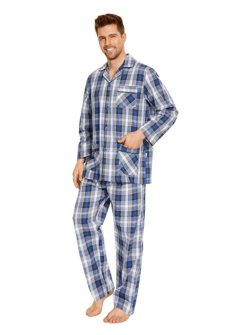GLOBAL Mens Yarn Pajama Set 100% Cotton, Long Sleeve Button Down