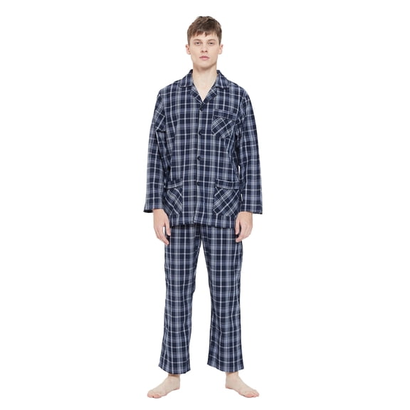 GLOBAL Mens Yarn Cotton Pajama Set, Long Sleeve Button Down PJ Set for Men Plaid Mens Sleepwear, Sizes S-XXL