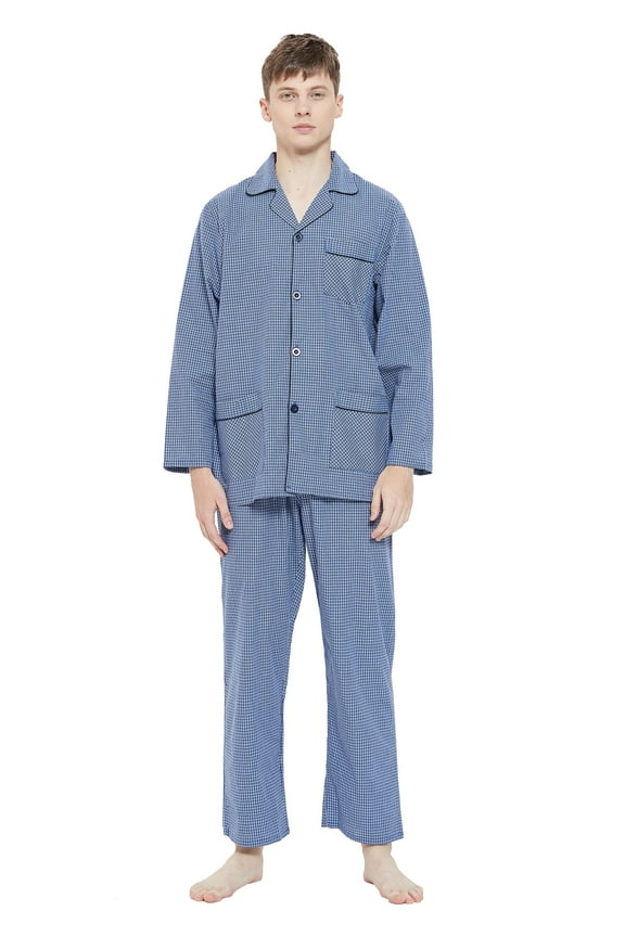 Mens Yarn Pajama Set 100% Cotton, Long Sleeve Button Down PJ Set for Men Plaid Men's Sleepwear, Sizes S-3XL