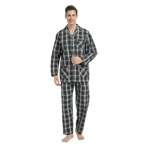 GLOBAL Mens Yarn Pajama Set 100% Cotton, Long Sleeve Button Down PJ Set for Men Plaid Men's Sleepwear, Sizes S-3XL