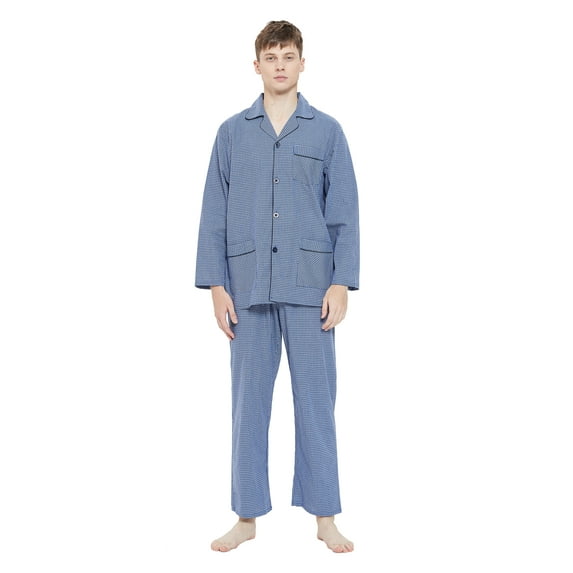 GLOBAL Mens Yarn Pajama Set 100% Cotton, Long Sleeve Button Down PJ Set for Men Plaid Men's Sleepwear, Sizes S-3XL