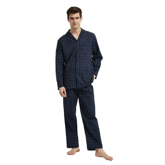 GLOBAL Mens Yarn Pajama Set 100% Cotton, Long Sleeve Button Down PJ Set for Men Plaid Men's Sleepwear, Sizes S-3XL
