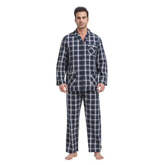 GLOBAL Mens Yarn Pajama Set 100% Cotton, Long Sleeve Button Down PJ Set for Men Plaid Men's Sleepwear, Sizes S-3XL
