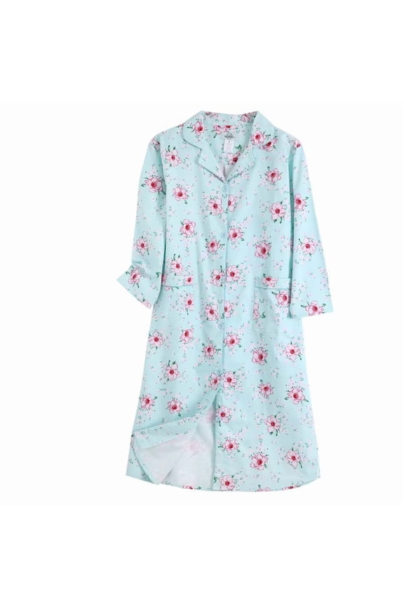 Pajama Nightgown for Women Long Sleeve Button Down Nightwear Boyfriend Nightdress 100% Cotton Sleepshirts Green Floral S