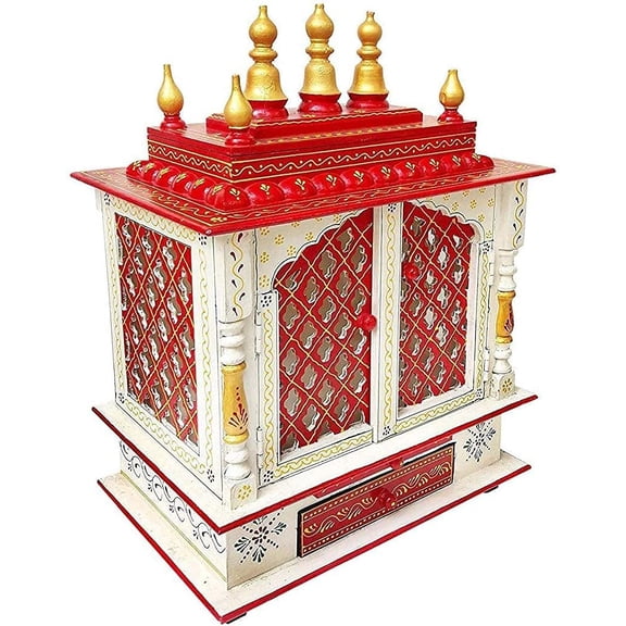 GLOBAL TECH Wooden Temple/Pooja Mandir Mandap for Home (Red Jali, 18 x 12 x 24 Inch)