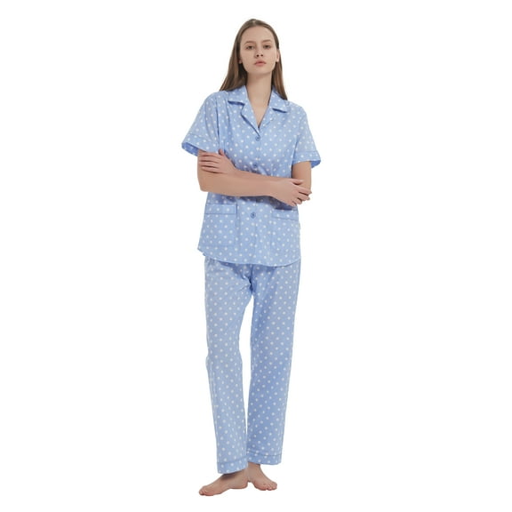 GLOBAL Women 100% Cotton Button Down Short Sleeve Top & Long Pants Summer Pajama Set with Pockets, 2-Piece, Sizes S to 3XL